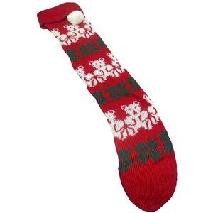 Christmas large stocking knit bear snowflakes red green white 2 hooks 38" READ
